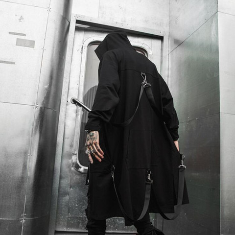 2022 Spring autumn men ribbons patchwork punk hip hop long trench coat hooded cloak men black hiphop zipper long jacket overcoat ► Photo 1/6