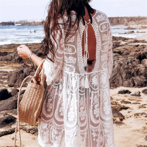Bkning Embroidery Coverups for Women Tunic Beach Cover Up Dress Solid Blouse Beachwear Lace Sleeve Wrap Dresses Sarongs White ► Photo 1/6
