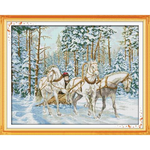 Carriage in the snow Cross-stitch kit Three white horse animals Pattern 14ct11ct count Printed canvas embroidery set DIY crafts ► Photo 1/6