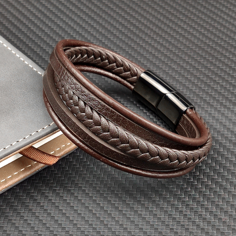 New MingAo Punk Men's Woven Multi-layer Coffee-colored Leather Accessories Special Birthday Gift Stainless Steel Magnet Bracelet ► Photo 1/6