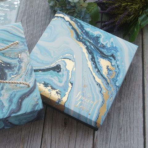 18.5*18.5*6cm 3set Gold Deep Blue Marble Gift Design Paper Box + Bag As Baby Shower Birthday Wedding Gift Packaging Use ► Photo 1/6