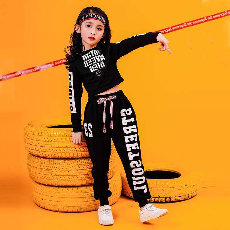 Girls Cotton Letter Crop Top Sport Suit For Dance And Hip Hop Kids