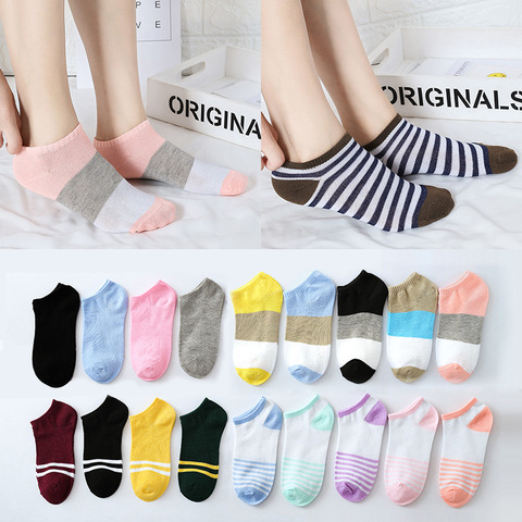 5 Pairs Women Socks Solid Striped Cotton Ankle Socks Summer Autumn Casual Lady Gril Short Socks ► Photo 1/5