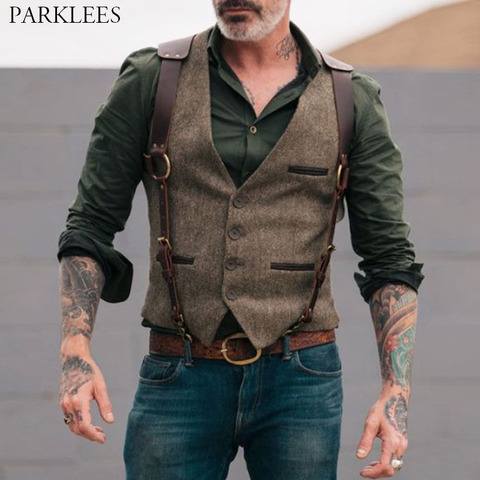 Wool Tweed Men Suit Vests Victorian Steampunk Cosplay Mens Waistcoat with Leather Gentleman Groomman Wedding Slim Fit Men Gilet ► Photo 1/4