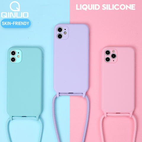 Original Liquid Silicone Cases For iPhone 11 Pro XS Max X XR SE 2022 8 7 Plus 6 6S Soft Candy Cover+Crossbody Lanyard Neck Strap ► Photo 1/6