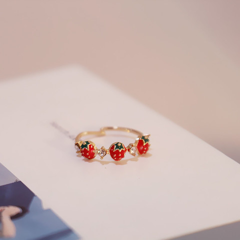 ONEVAN Rhinestones Sweet Fruit Red Strawberry Open Adjustable Finger Rings For Women Girls Party Gifts ► Photo 1/6