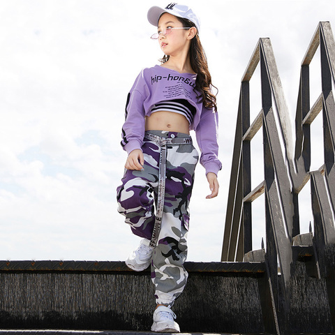 Jazz Dance Costume Kids Hip Hop Clothing Purple Long Sleeve Tops Camouflage Pants Black Vest Girls Performance Clothes DN2616 ► Photo 1/6