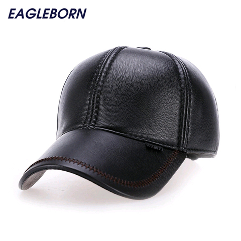 NEW Fashion Leather Baseball Cap Men Thicken Fall Winter Hats with Ears 6 Panel Keep Warm Leather Cap Male Hats Bone Casquette ► Photo 1/6