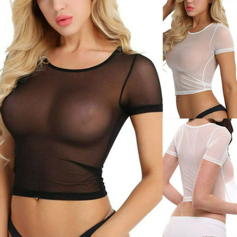 Hot Sale Women Solid Sexy Sheer Mesh See-Through Short Sleeve Tops Crop Slim T-Shirt Blouse Exotic Apparel Exotic Clothing ► Photo 1/5