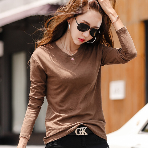 Long sleeve Autumn Women Slub cotton 2022 T shirts Female Button V-Neck Solid color T-shirt Coffee Korean Winter Soft Loose Tops ► Photo 1/6