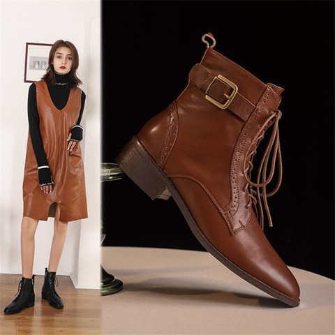 Women Winter Genuine Leather Ankle Boots Round Toe Women Boots with Zipper Lace Up Chunky Heel Wear-resistant Beef Tendon Bottom ► Photo 1/6