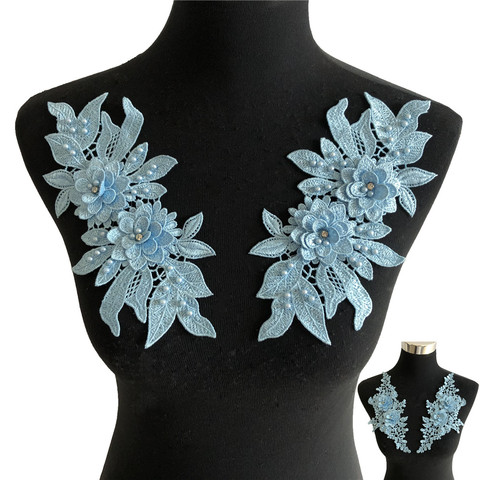 A pair of Blue Flowers Polyester Hollow ABS pearl 3D Rhinestone Dress Gorgeous DIY Lace Embroidery all for Sewing Applications ► Photo 1/5