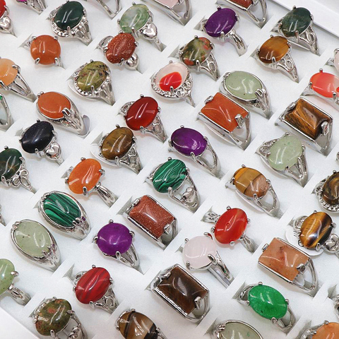 Wholesale 100 Pcs/lot Mix Random Color Style Nature Stone Alloy Rings Fashion Jewelry Women Party Wedding Ring In Display Box ► Photo 1/5