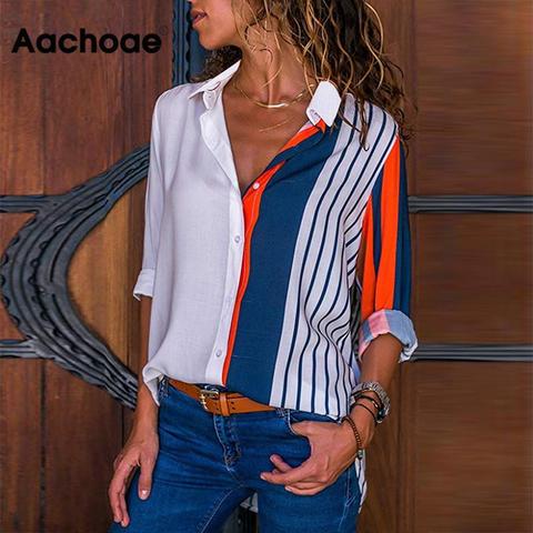 Aachoae Women Striped Blouses Long Sleeve Blouse Turn Down Collar Lady Office Shirt Casual Tops Blusas Blouse et Chemisier Femme ► Photo 1/6