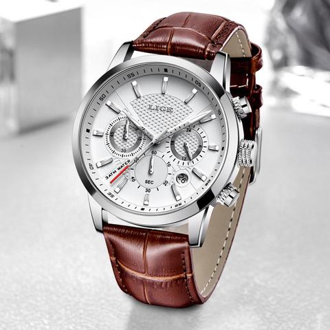 Watches Mens 2022 LIGE Casual Leathe Quartz Men's Watch Top Brand Luxury Business Clock Male Sport Waterproof Date Chronograph ► Photo 1/6