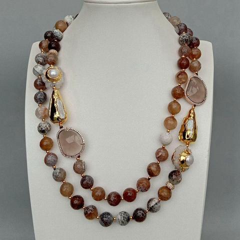 Y·YING 2 Strands 12mm Faceted Round Brown Fire Agates Crystal Pearl Quartz Druzy Choker Necklace 21