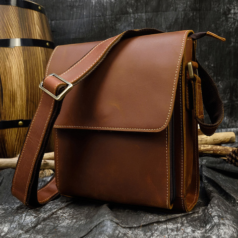 Men's Crazy Horse Leather Shoulder Bag iPad Genuine Leather Messenger Bag Vintage Casual Travel Bag Durable Leather Book Bag ► Photo 1/6