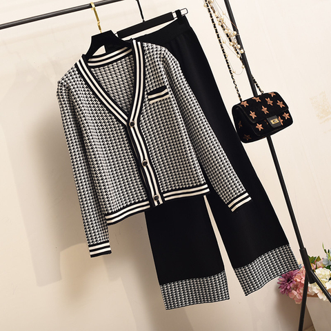 2022 Autumn Knit 2 Piece Set Women Houndstooth Cardigan Sweater + Wide-Leg Pants Two Piece Outfits Women Crop Top Trousers Suits ► Photo 1/6