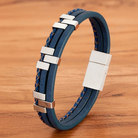 Black Brown Blue Color Three-Layer Stitching Accessories Stainless Steel Men's Leather Bracelet Advanced Design Style Gift ► Photo 1/6