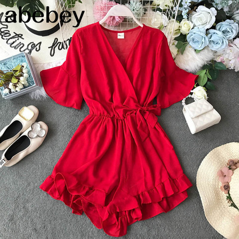Sweet Ruffled Women Playsuits Elastic High Waist Bow Female Jumpsuit Romper Butterfly Sleeve Short Overalls for Girls ► Photo 1/6