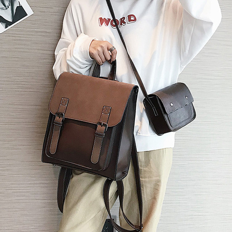 Fashion 2 Pcs Set Leather Women Backpacks For Teenagers Female Shoulder Bag Large Capacity Pu Travelling Bags Vintage School Bag ► Photo 1/6
