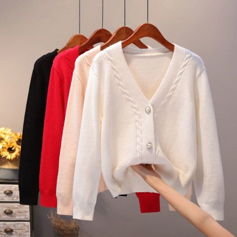 Sweater Cardigan Women Autumn Winter New V Neck Pearl Single Breasted Loose Short Thicken Sweater Sweet Long Sleeve Knitting Top ► Photo 1/6