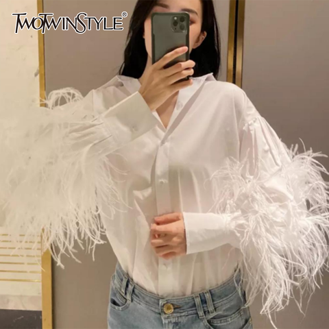 TWOTWINSTYLE Casual Patchwork Feather Blouse For Women Lapel Lantern Sleeve White Solid Shirt Female Fashion New Clothing 2022 ► Photo 1/6