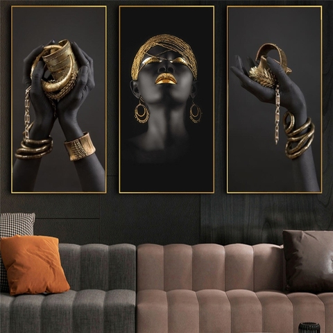 African Woman Art Paintings On the Wall Art Posters And Prints Black Hands Holding Golden Jewellery Canvas Pictures Home Decor ► Photo 1/6