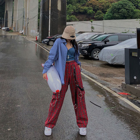 HOUZHOU Punk Chain Cargo Pants Women Harajuku Plaid Pants for Women  Checkered Pants Streetwear 2000s Aesthetic Hip Hop E-girl - Price history &  Review, AliExpress Seller - HOUZHOU Store