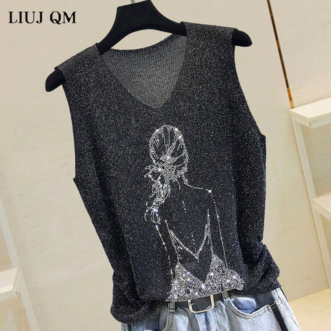 2022 Summer Tank Top Women Thin Bright Silk Knitted Shirt Women's Fashion Girl Rhinestones Sleeveless Vest Outwear Female Tops ► Photo 1/6