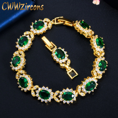 CWWZircons Oval Green Cubic Zirconia Stone Yellow Gold Leaf Bracelet Bangle for Women African Dubai Bridal Party Jewellery CB205 ► Photo 1/6