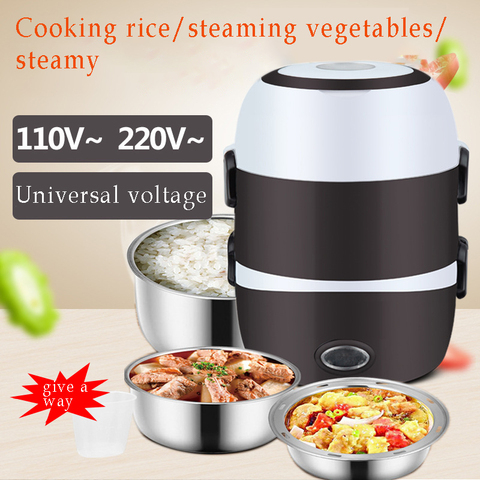 110-220V Mini Electric Rice Cooker 2/3 Layers Available Steamer Stainless Steel Inner Portable Meal Thermal Heating Lunch Box ► Photo 1/6