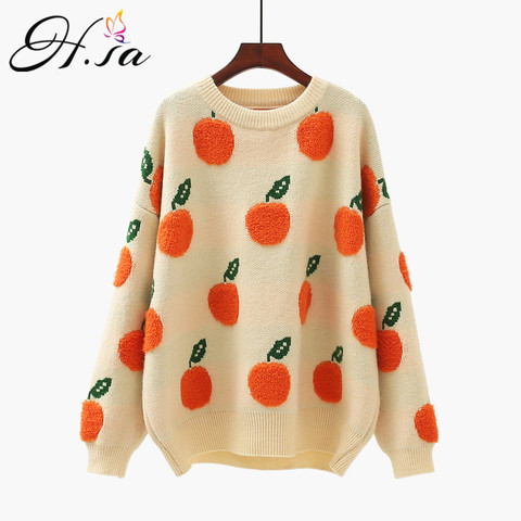 H.SA 2022 Winter Sweater Pullover Women Cute Fruit Sweater Pull Jumpers Orange Apple Printed Korean Tops Oversized Jumpers ► Photo 1/6