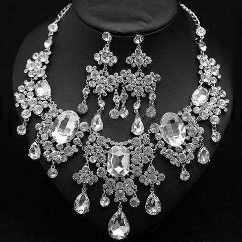 2Pcs/Set Shiny Full Rhinestone Tassel Bridal Statement Bib Necklace Earrings ► Photo 1/1
