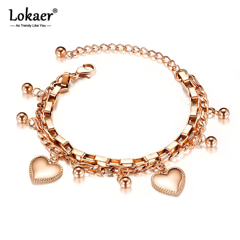 Lokaer Trendy Double Layer Stainless Steel Love Heart Ball Charm Bracelets For Women Girls Bohemia Chain Link Jewelry OGS1038 ► Photo 1/6