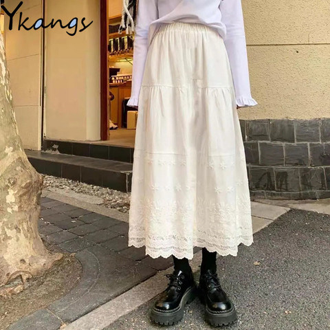 Lace Stitching Embroidered White Skirt Vintage Women Spring Pleated Skirt 2022 Harajuku Elegant Plus Size High-Waisted Skirt ► Photo 1/6