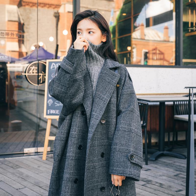 Ladies Korea Single Breasted Winter Coat Loose Plaid Overcoat Wool Blend Outwear 