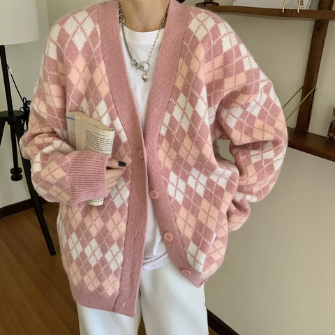 Ladies Cardigans Long Sleeve Knitted Argyle Sweater Women Korean  Y2k Pink Sweaters Female Cropped Cardigan Jacket with Buttons ► Photo 1/6