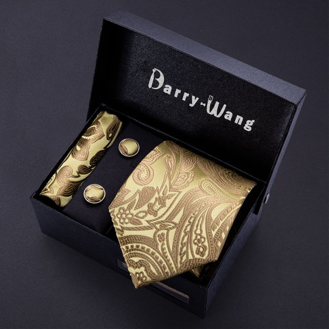 Gold Men Tie Paisley Silk Tie Pocket Square Gift Box Set Barry.Wang Luxury Designer Neck Tie For Men Male Gravat Wedding BB-5150 ► Photo 1/6