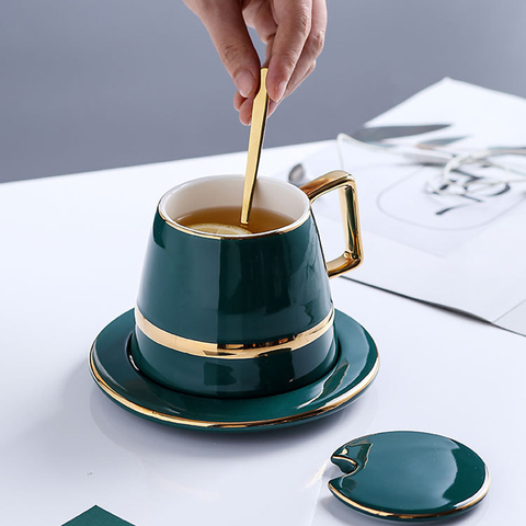 Gold Trim Green Porcelain Coffee Cups with Saucer, Lid, Mixing Spoon, for  Drinks, Latte, Cafe Mocha Cappuccino and Tea - 450ml - Price history &  Review