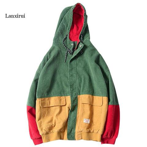 Color Block Patchwork Corduroy Hooded Jackets Men Hip Hop Zipper Up Hoodies Coats Male  Casual Streetwear Outerwear ► Photo 1/6