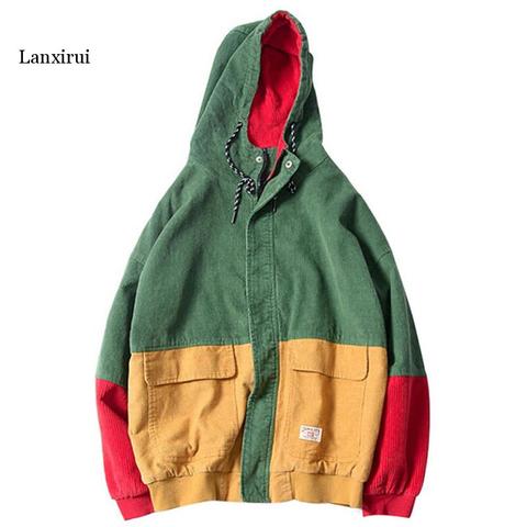 Color Block Patchwork Corduroy Hooded Jackets Men Hip Hop Zipper Up Hoodies Coats Male  Casual Streetwear Outerwear ► Photo 1/6