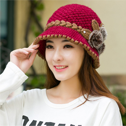 Women Lady Winter Warm Casual Caps Female Beautiful Wool Crochet Knitted Flowers Decorated Ears Hats Bonnet Femme ► Photo 1/6