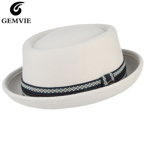 GEMVIE 100% Wool Felt Crushable Men Women White Porkpie Hat Curved Brim Pork Pie Wool Hat Unisex Autumn Winter Fedora ► Photo 1/6