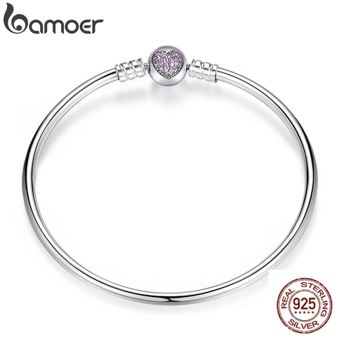 BAMOER Authentic 100% 925 Sterling Silver Snake Chain Heart Bangle & Bracelet Luxury Jewelry PAS904 ► Photo 1/4