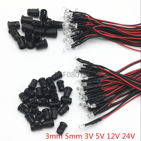 20pcs 3V 5V 12V 24V DC 3mm/5mm Red/Green/Blue/RGB Round Pre-Wired Water Clear LED With Plastic Holder ► Photo 1/4