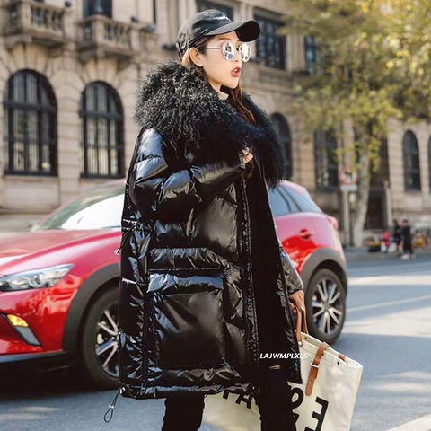 2022 Winter down jacket Women 90% white duck down Coat parkas Patent Leather glossy outwear Real Lamb Fur Collar thick Coat Y192 ► Photo 1/6