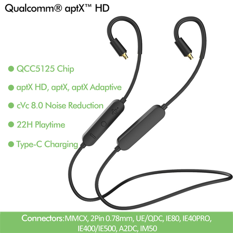 QCC5125 AptX Adaptive APTX HD Bluetooth 5.0 Upgrade Cable MIC Type C  AAC 2PIN 0.78mm MMCX IE40 PRO IE80S SE535 UE18 W4R TF10 ► Photo 1/6
