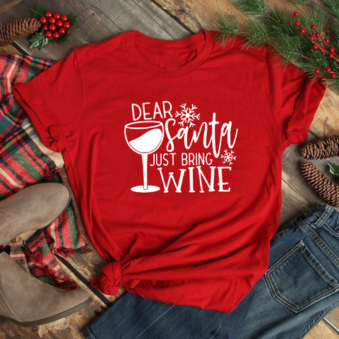 Fashion Dear Santa Bring Wine Christmas Women T-Shirt Xmas Gift Short Sleeve Tops Funny Graphic Slogan Aesthetic Tee Tumblr 2022 ► Photo 1/5