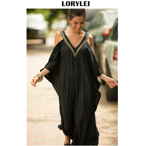 2022 Sexy Cold Shoulder V Neck Bats Sleeve Loose Summer Beach Dress Plus Size Women Beachwear Kaftan Black Cotton Dress Q943 ► Photo 1/6